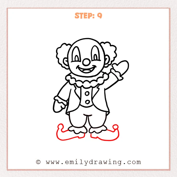 how to draw a cartoon clown - The cartoon clown is completed with oversized curly clown shoes and small pom-poms on each shoe tip.